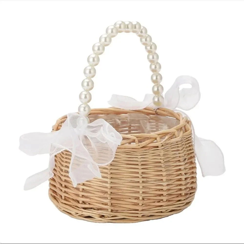 FLOWER GIRL BASKET Pearl handle white ribbon wicker ratan  wedding decor